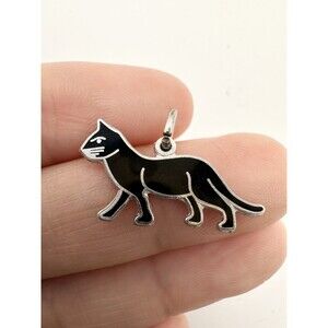 Vintage Wells Sterling Silver Black Enamel Cat Charm Pendant